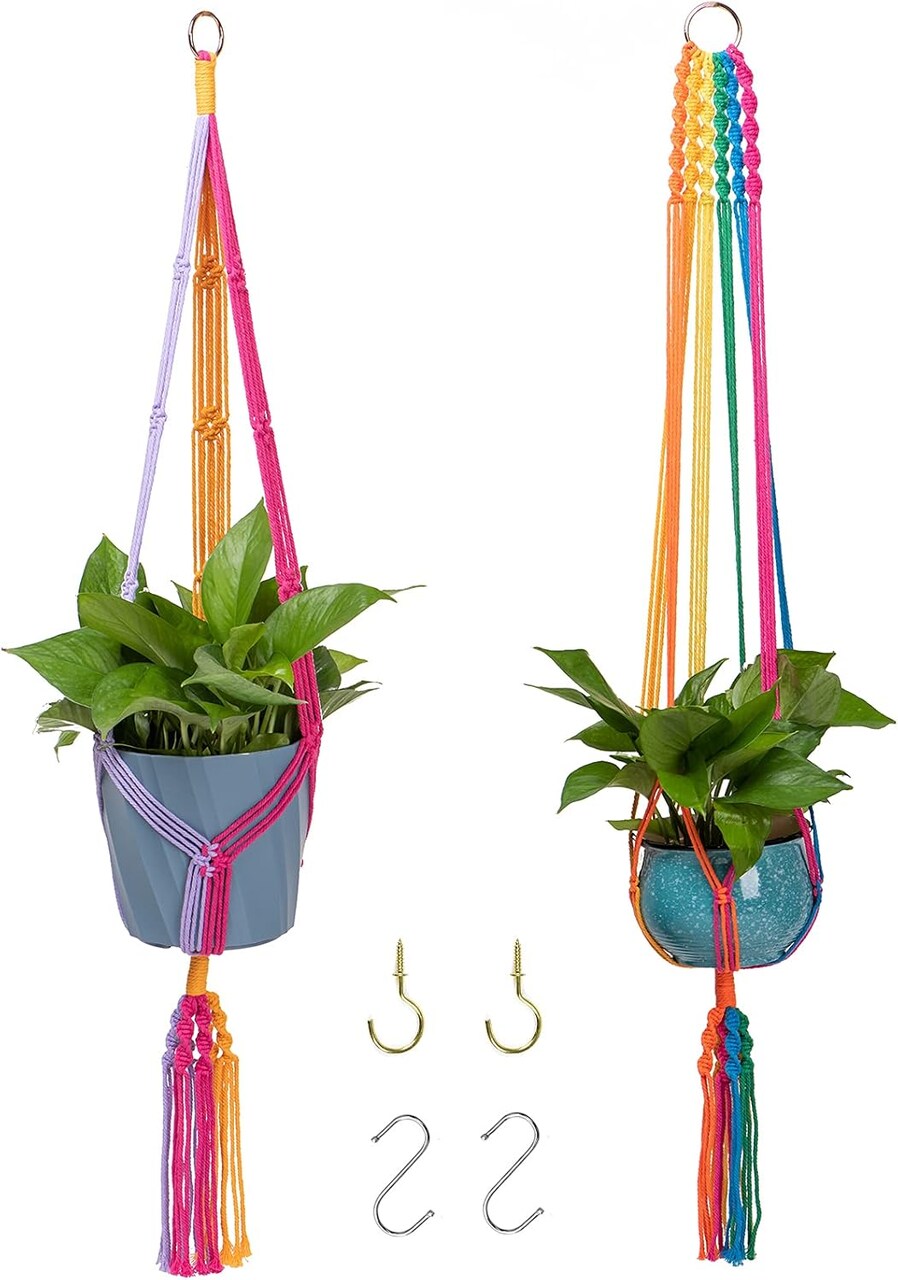 2 Pack Rainbow Colorful Macrame Plant Hanger with 4 Hooks (Colorful)